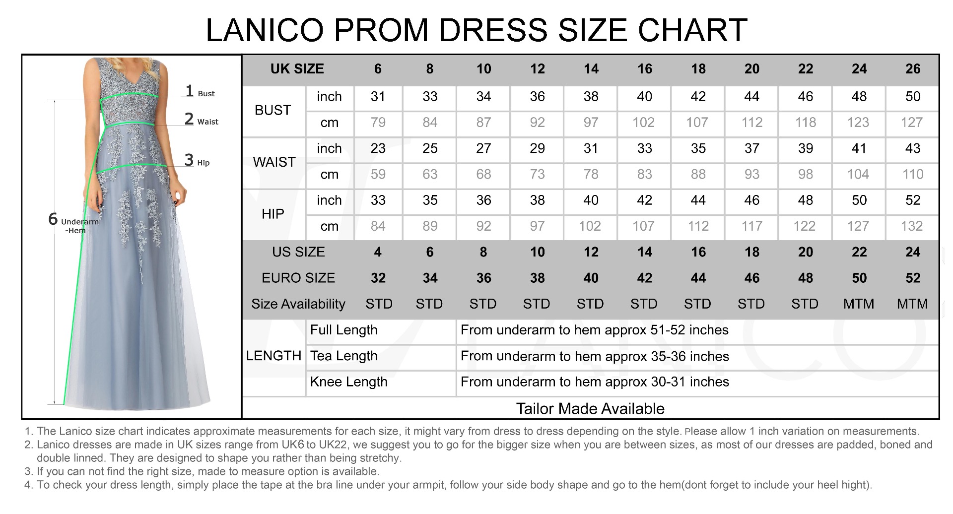 Dress Size Chart Measurements Flash ...